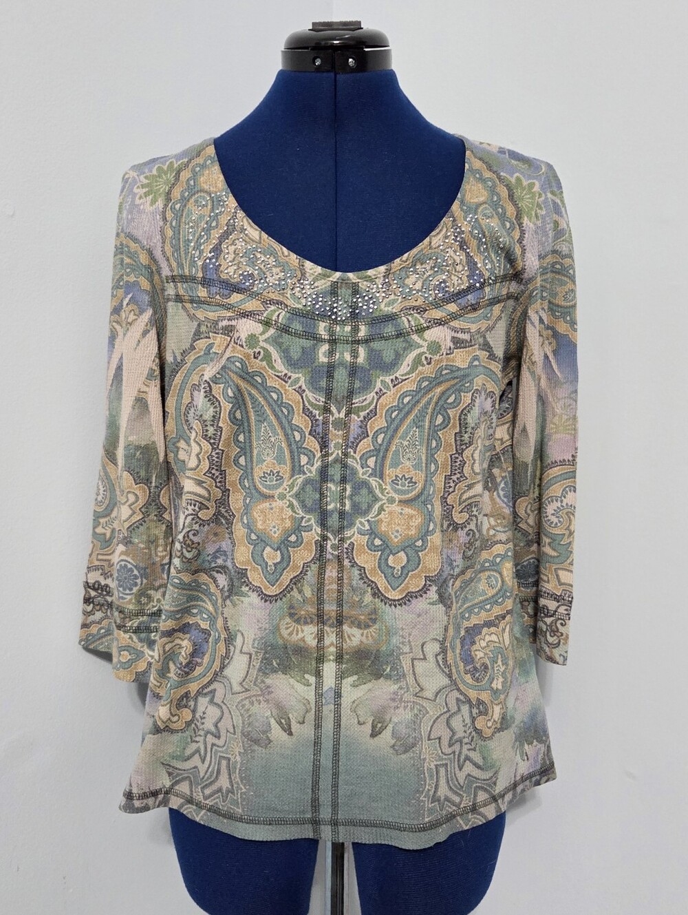 Y2K Paisley Rhinestone Waffle Knit Shirt Size L